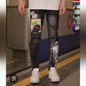 Sosoo Graphic Graffiti Distressed Colorblock Stretch Skinny Skater Jeans 34 Goth